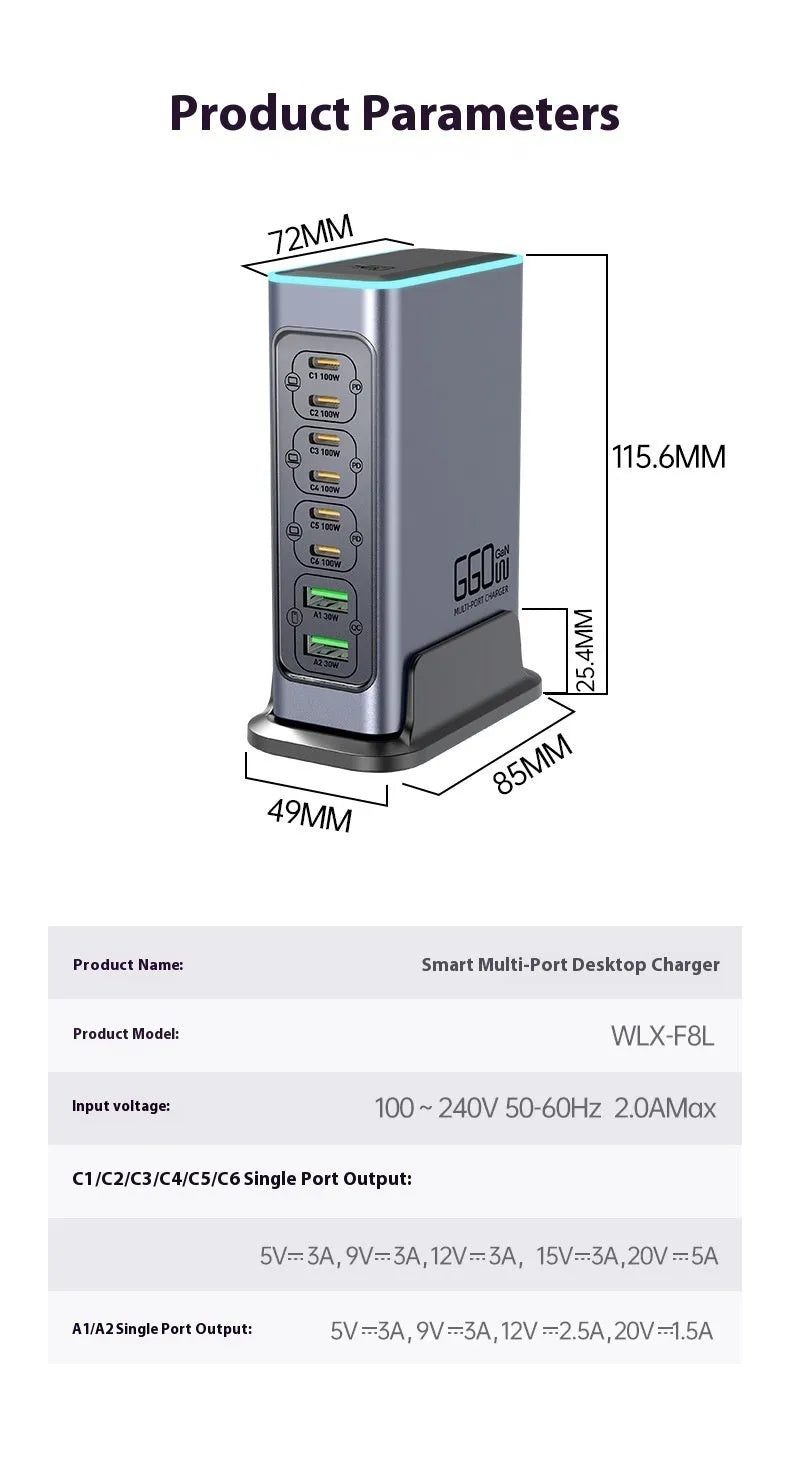 Desktop multi-port 660W GaN charger with Type-C interface and interchangeable UK EU US AU plugs