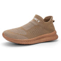 Men's lightweight Flyknit trainers in blue, shown from the side on a wooden deck.