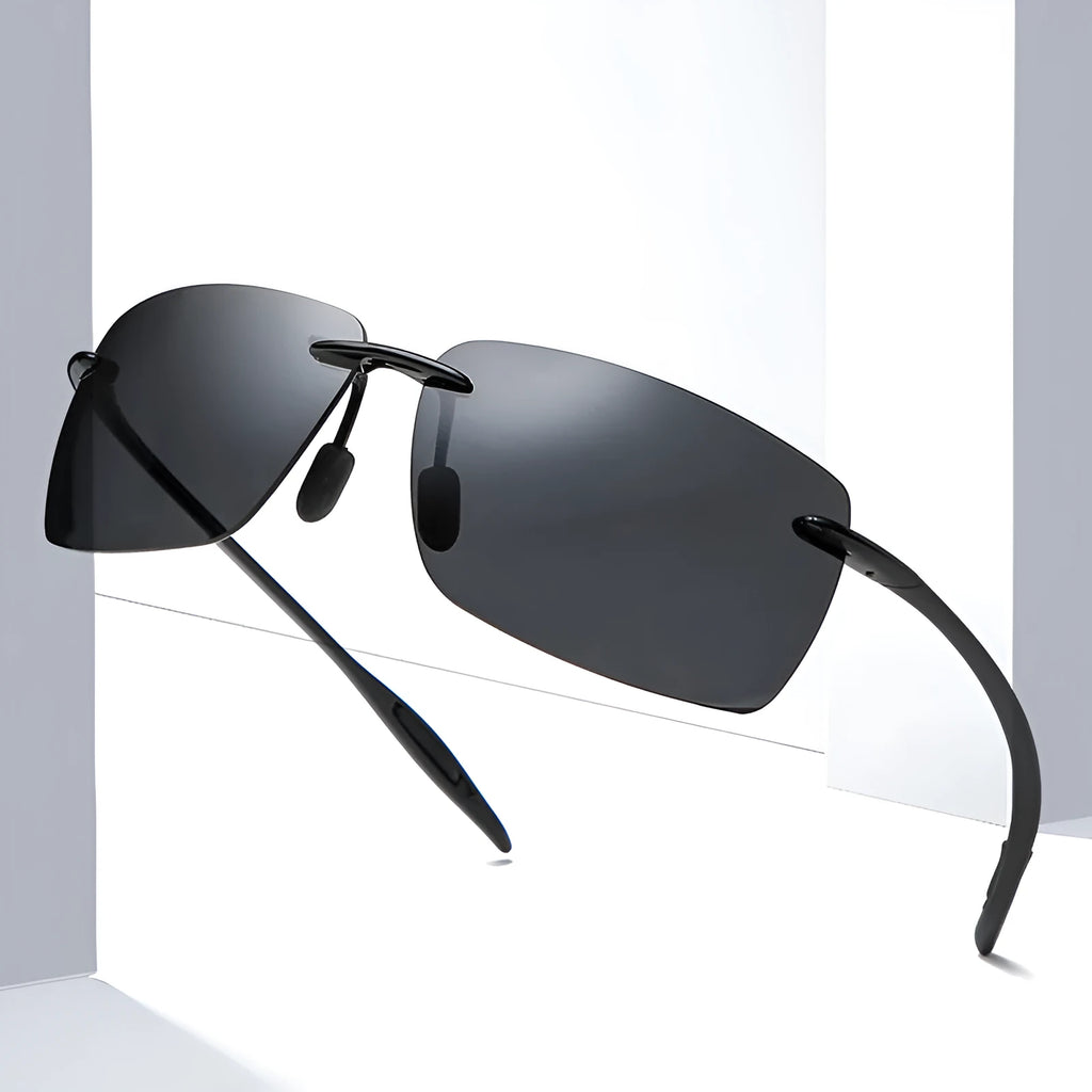Men's light rimless TR90 sunglasses with UV400 TAC lens in Black frame