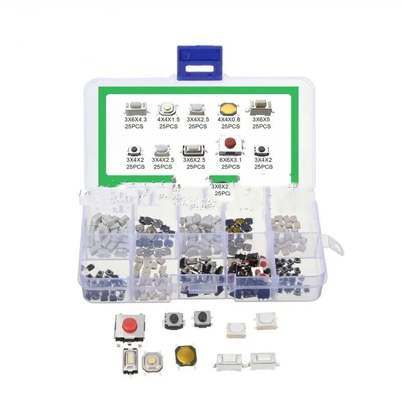 250 SMT touch switch buttons in organised box for industrial electronics assembly
