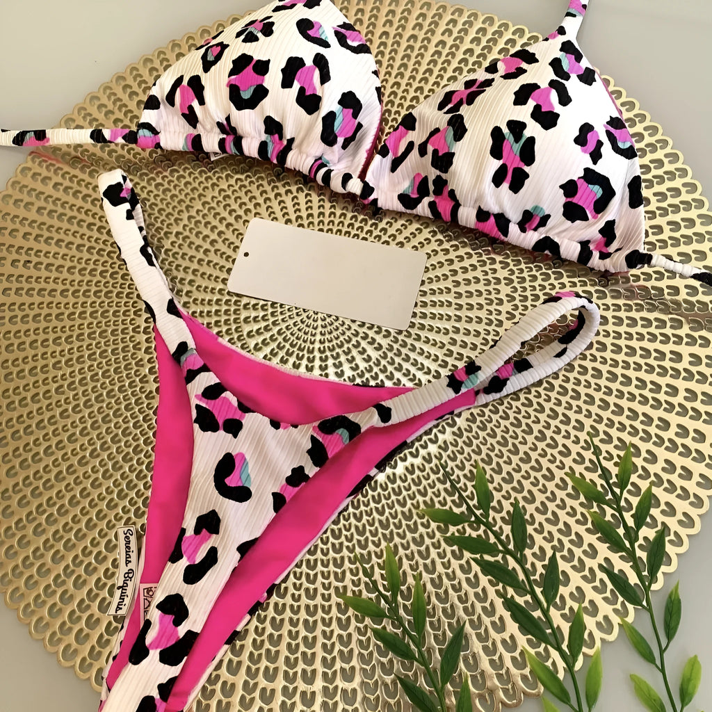 Women's printed bikini swimsuit in quick-drying nylon with cotton lining