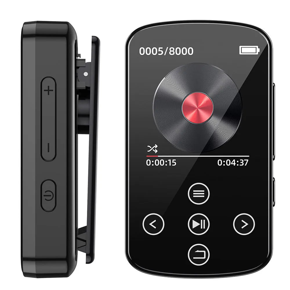 Black Bluetooth music player with 1.5-inch touch screen, FM radio, recording, and e-book functions, 60x35x18mm