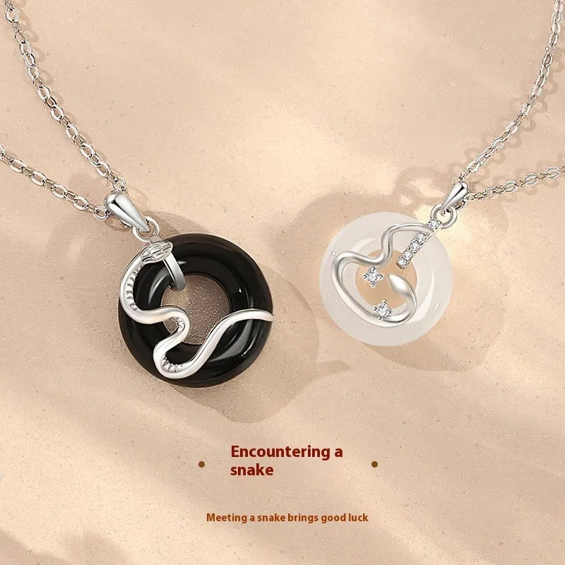 Chinese style 925 silver snake couple necklace with O-ring chain and Peace Buckle pendant in black finish