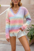 Pink rainbow gradient knitted sweater with tassel trim in loose cut plus size design
