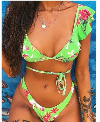 Yellow floral print split bikini swimsuit with high elasticity nylon fabric