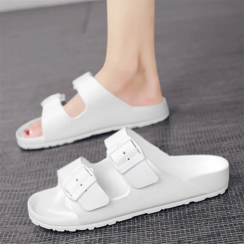 Men's unisex grey EVA sandals with soft sole and open toe design on a light background