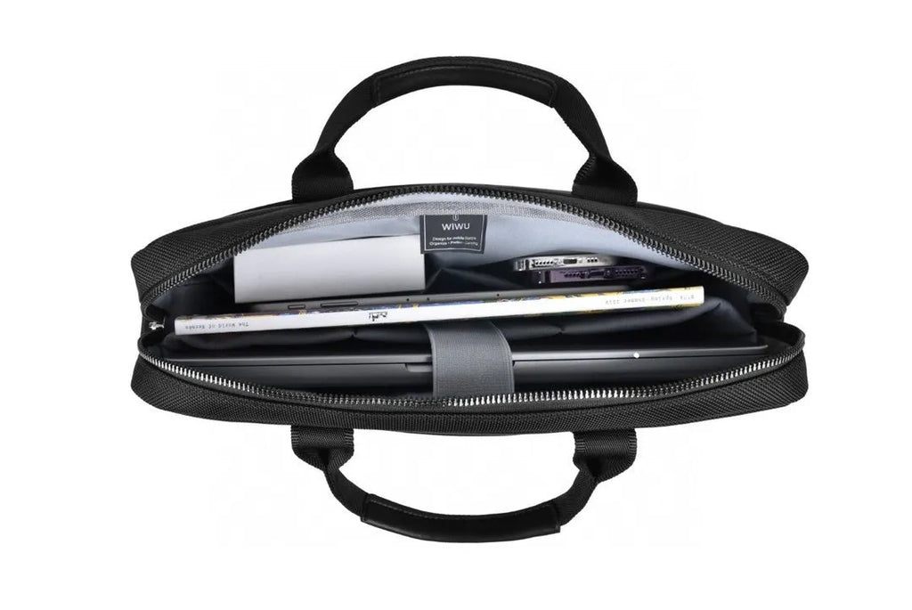 Black oxford cloth laptop handbag with multiple pockets and a separate computer compartment, shown in 14-inch and 15.6-inch sizes.