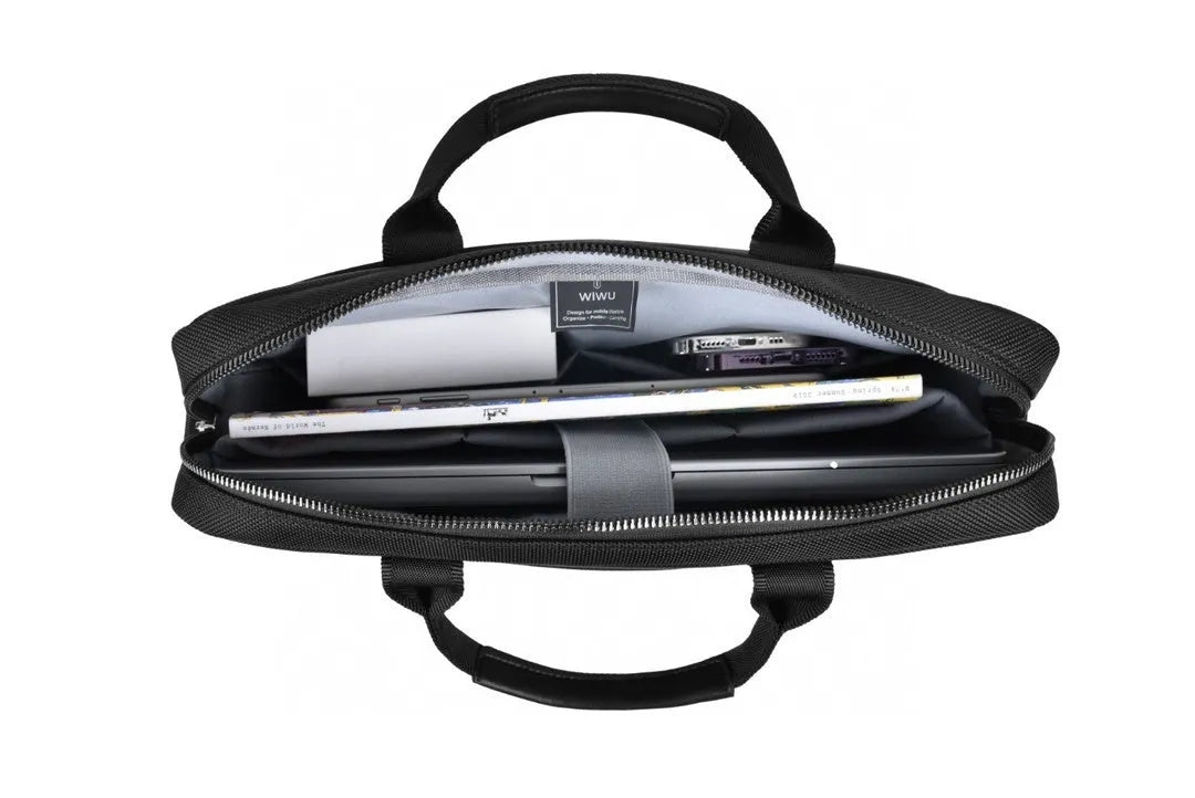 Black oxford cloth laptop handbag with multiple pockets and a separate computer compartment, shown in 14-inch and 15.6-inch sizes.
