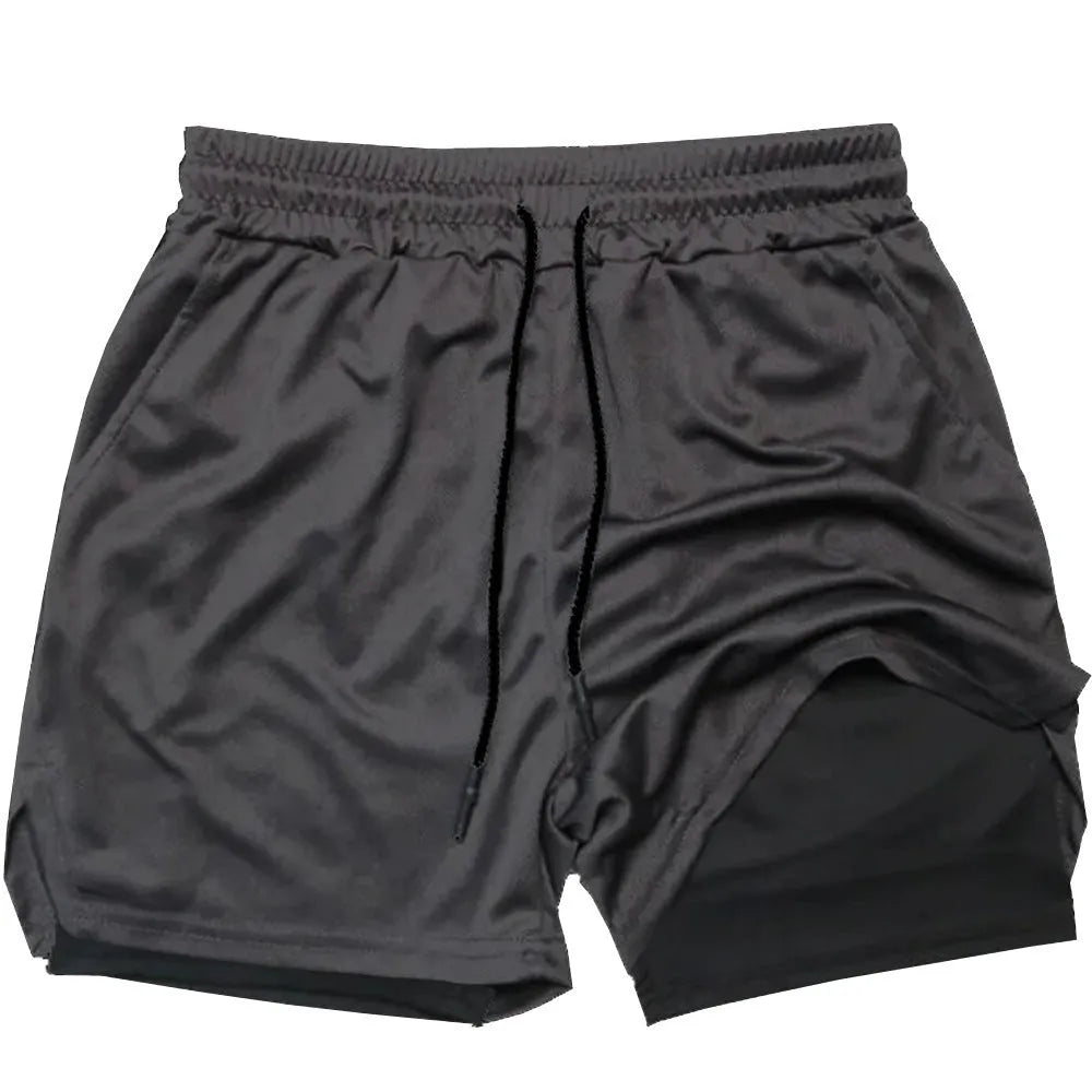 Men's camouflage pattern double-layer sports shorts in quick-dry fabric on a plain background.