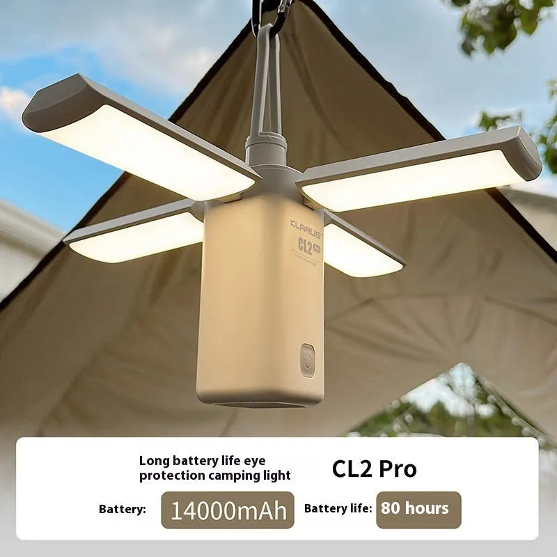 White and green rechargeable outdoor camping lamp with USB charging cable