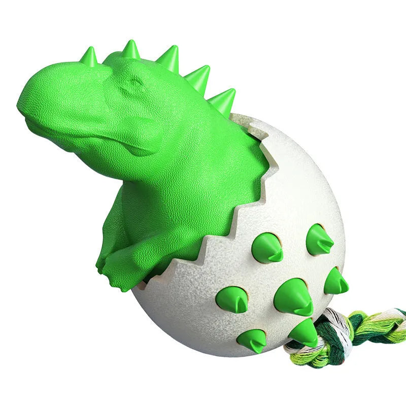 Blue dinosaur-shaped dog chew toy with rope attached for tug games