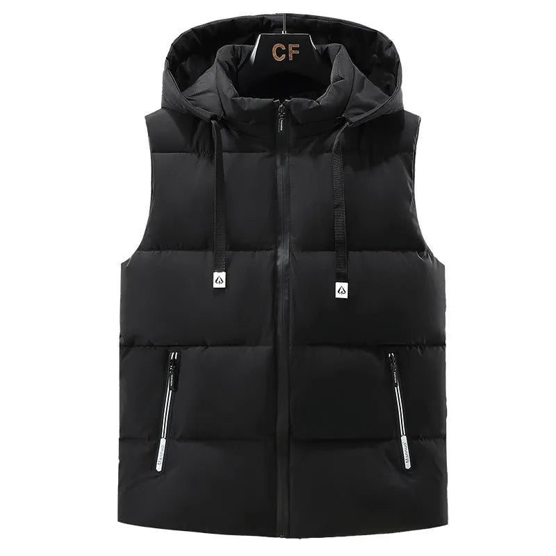 Men's black thickened polyester vest with a removable hood and zipper pockets.