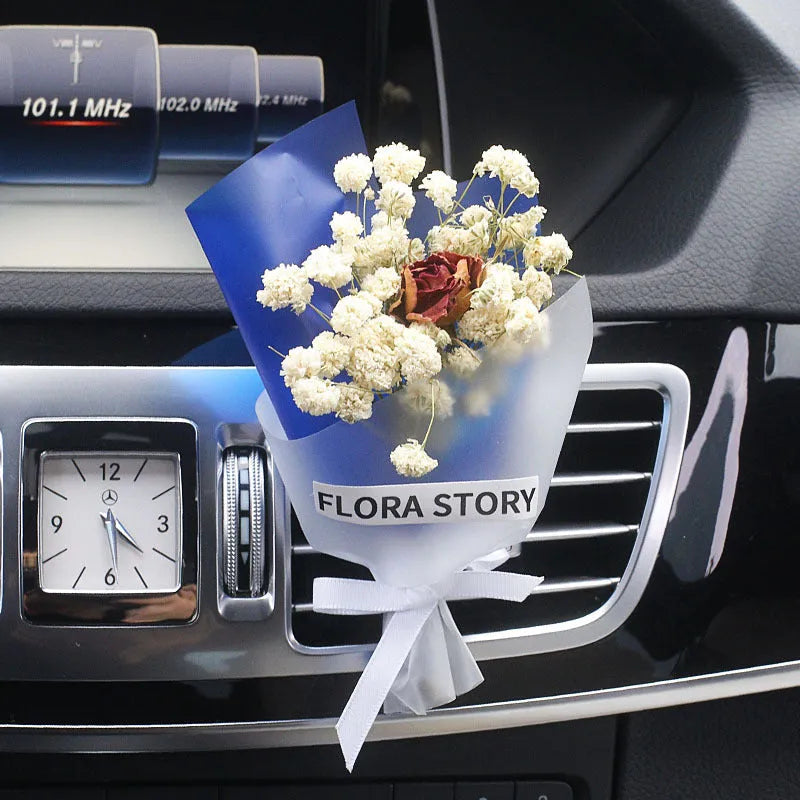 Car vent mounted dried flower bouquet decorative accessory in various floral styles