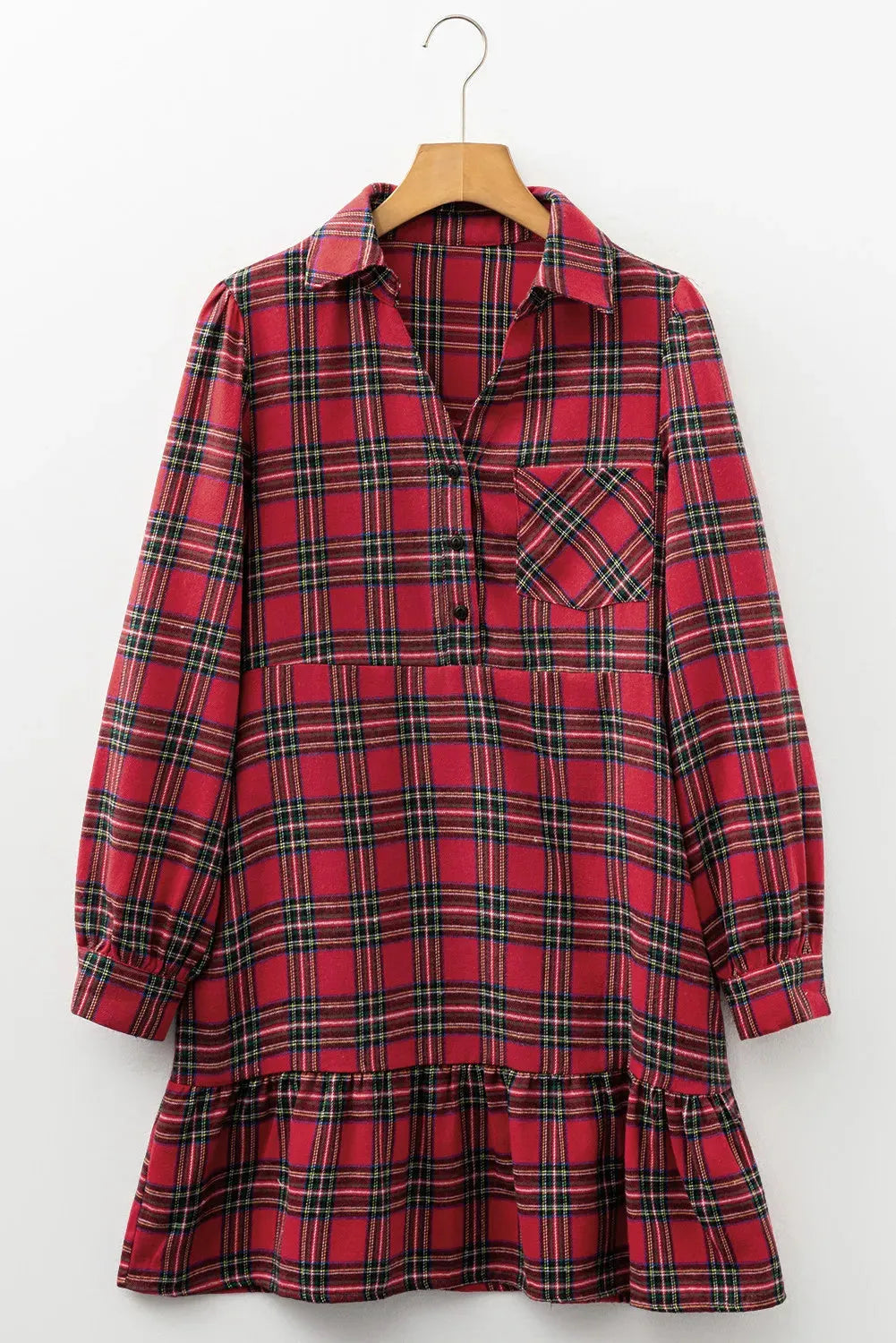 Red plaid patterned women's mini dress with a shirt collar, long sleeves, half-button front, and a ruffle hem.