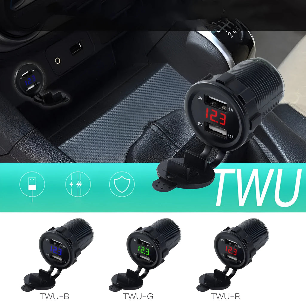 Waterproof motorcycle USB car charger with LED indicators for 12-24V systems