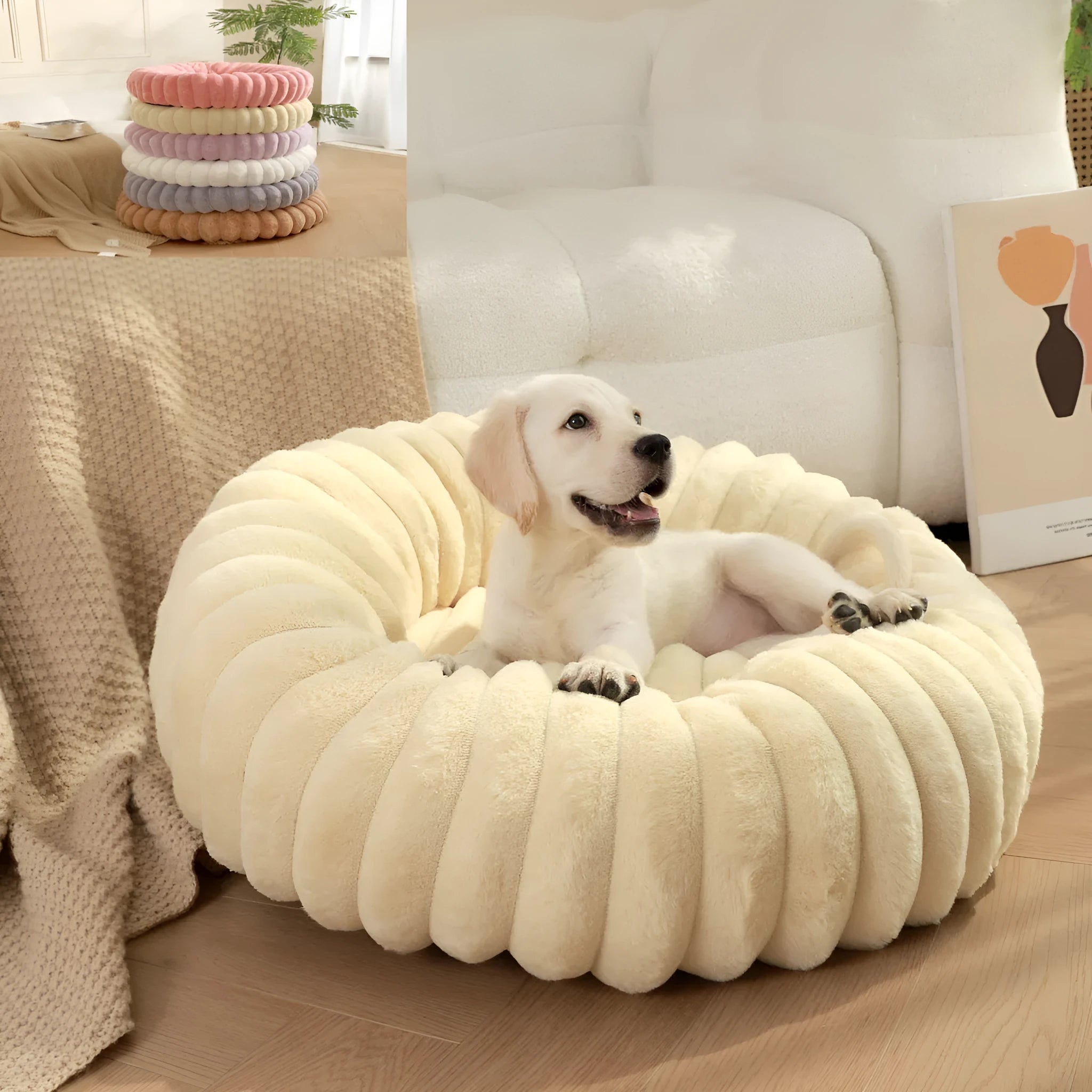 Round beige plush pet bed mat for dog or cat on wooden floor