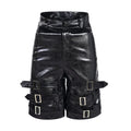 Men's black casual cropped shorts with a prominent leather ring detail on the front.
