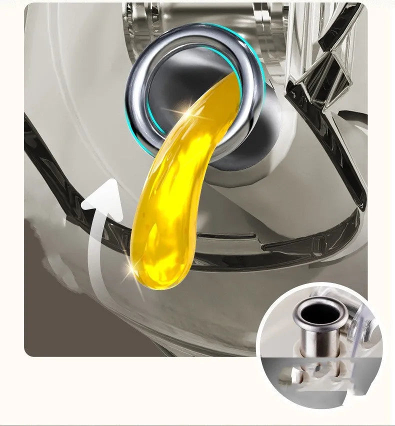 Warm grey glass oil spray bottle with dual-mode switch and automatic tilt-open lid