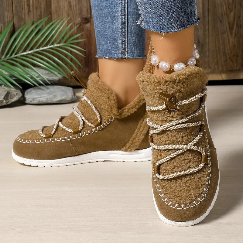 Women's mid-top snow boots in beige, black, and dark brown with cotton upper and PU sole