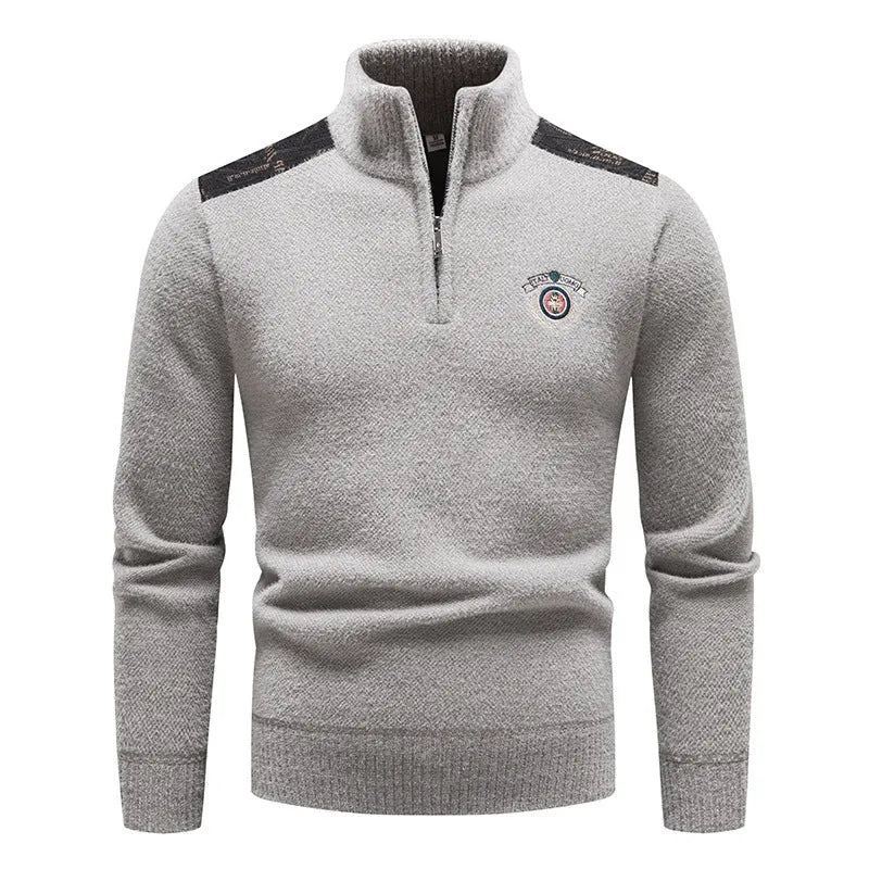 Men's stand collar velvet sweater in beige, dark grey, black, or navy blue.