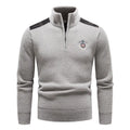 Men's stand collar velvet sweater in beige, dark grey, black, or navy blue.