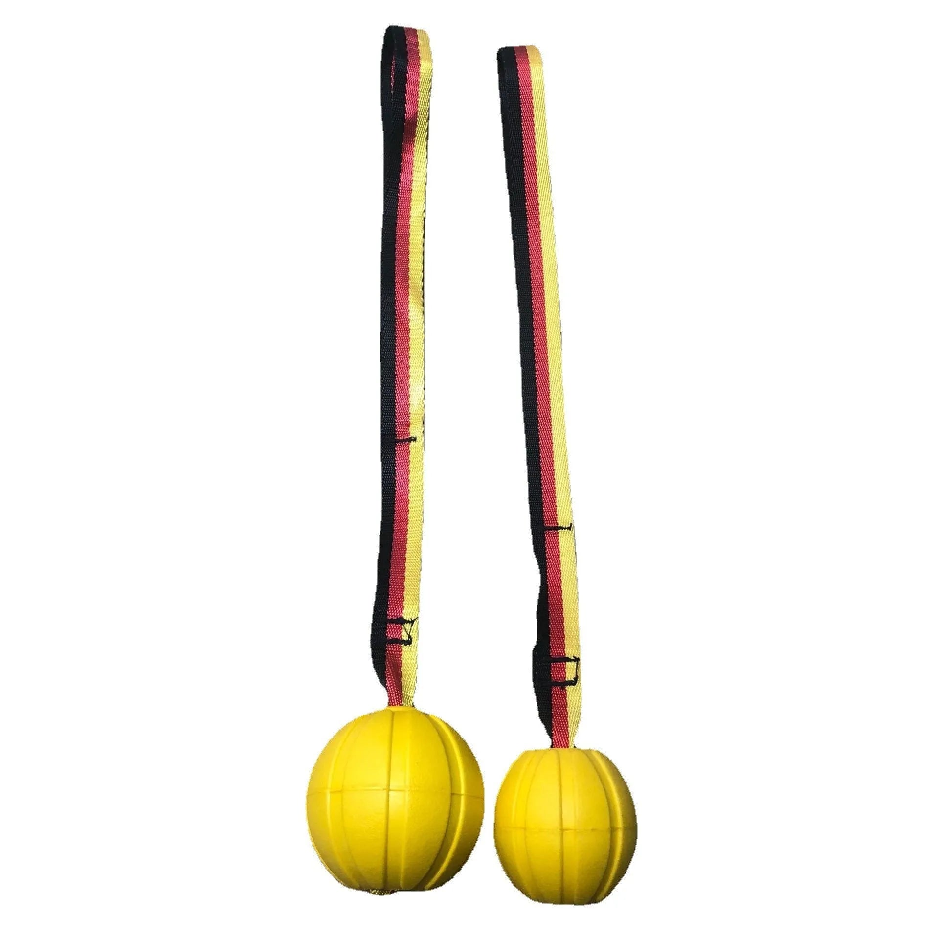 Yellow and camouflage coloured EVA floating dog training balls in different sizes on a blue background.