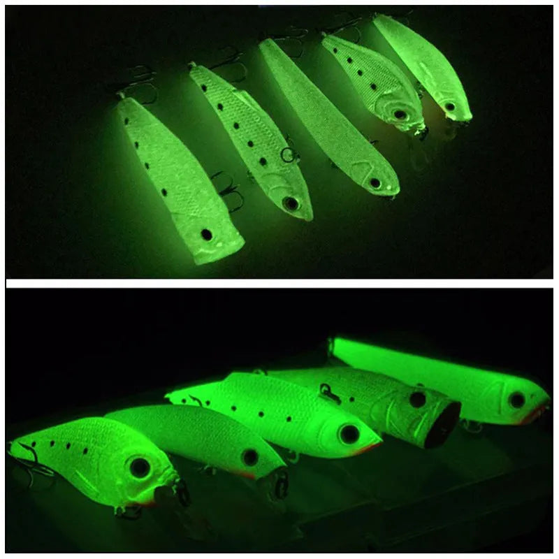 Set of five fluorescent hard bait fishing lures with 3D simulation design on a blue background.