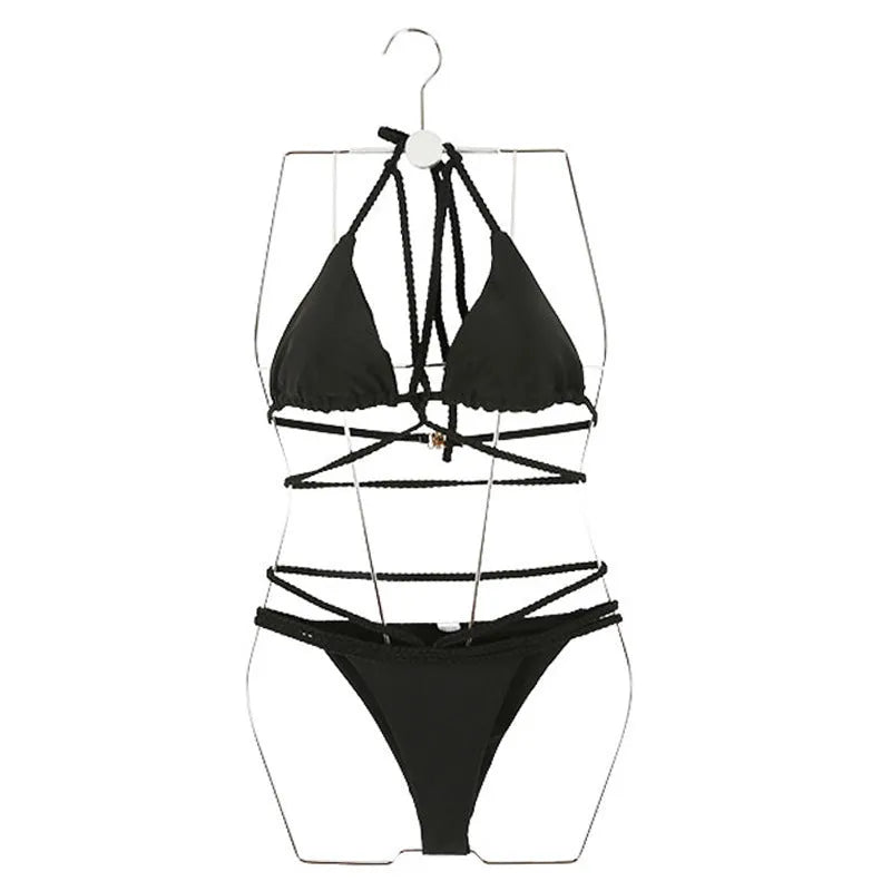 Black or red women's two-piece nylon bikini swimsuit showing top and bottom components