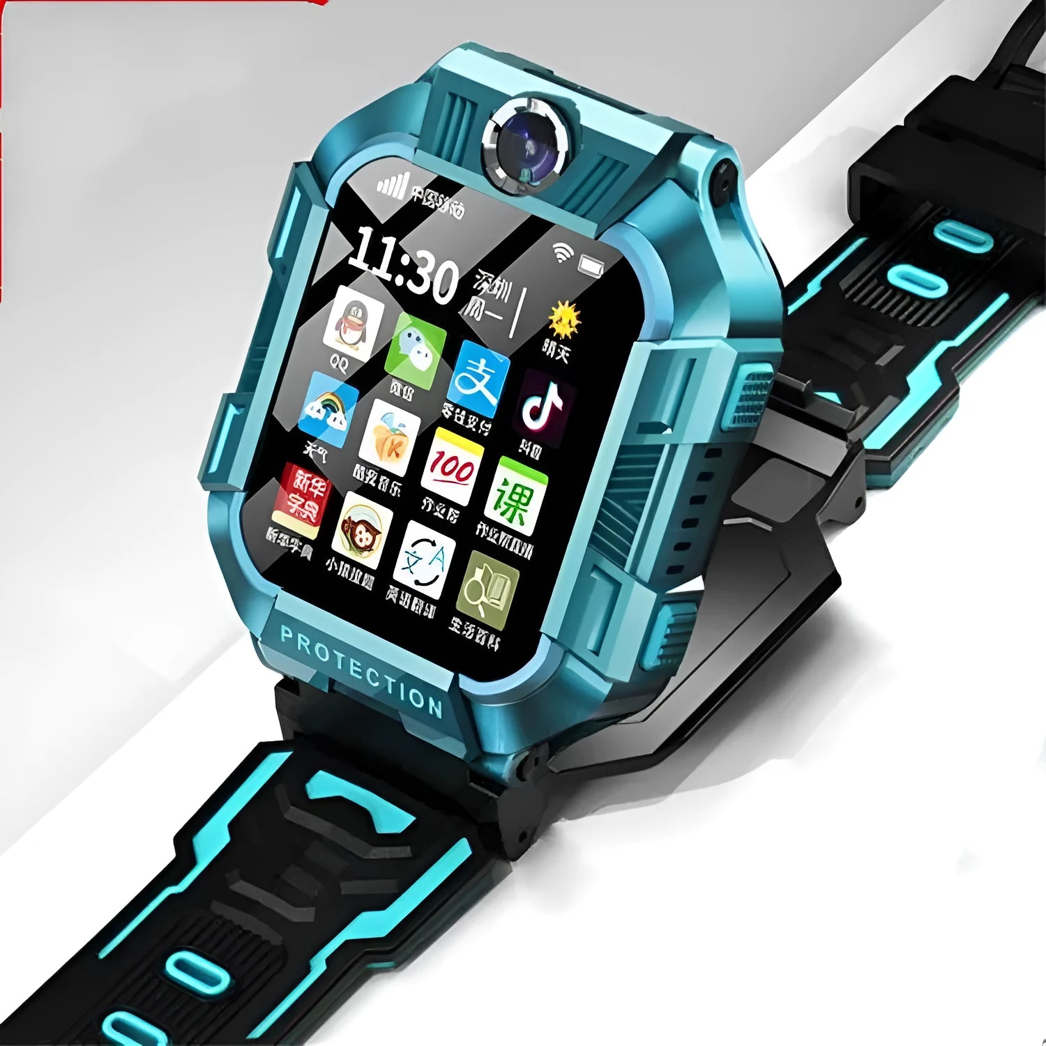 Green children's phone watch with touch screen and silicone wristband showing time display