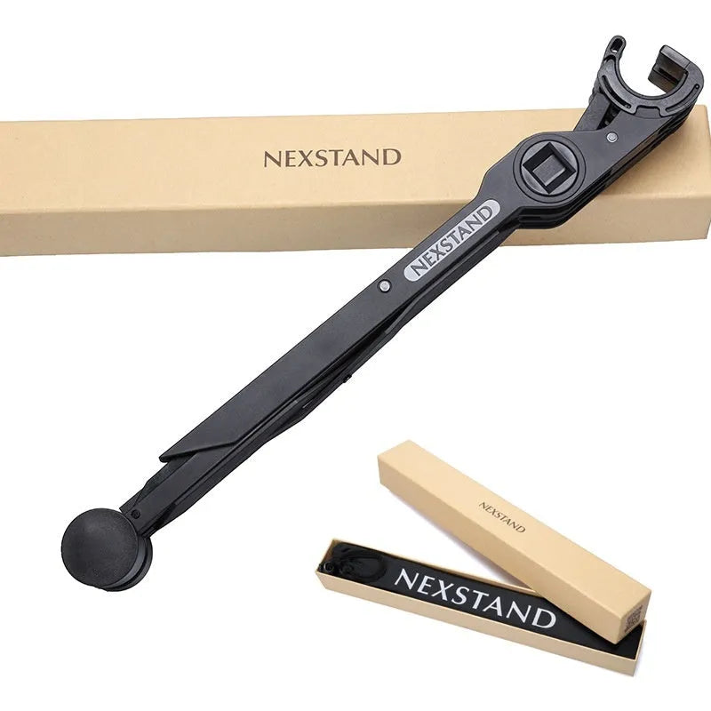 Sagacious black portable folding laptop stand with collapsed legs next to its carrying case.