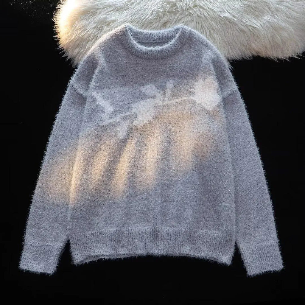 Men's black pullover sweater with a large flocking print of a rose and horse design on the chest.