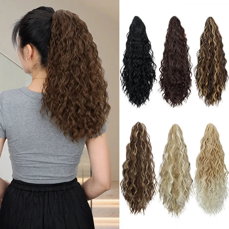 Water ripple grip ponytail corn curler synthetic wig in curly texture with hair clip