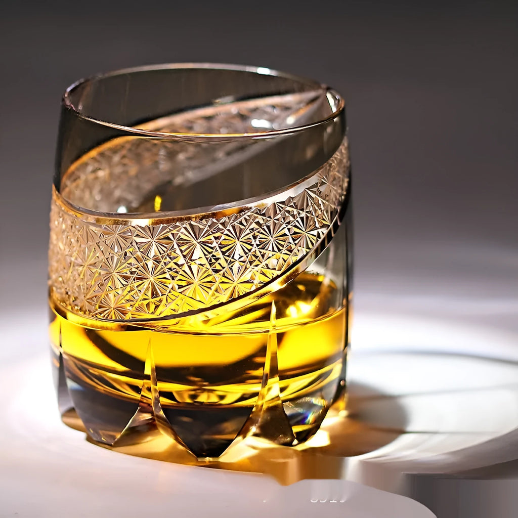 Japanese-style carved crystal whiskey glass, 301-400ml, grey colour option, single glass cup