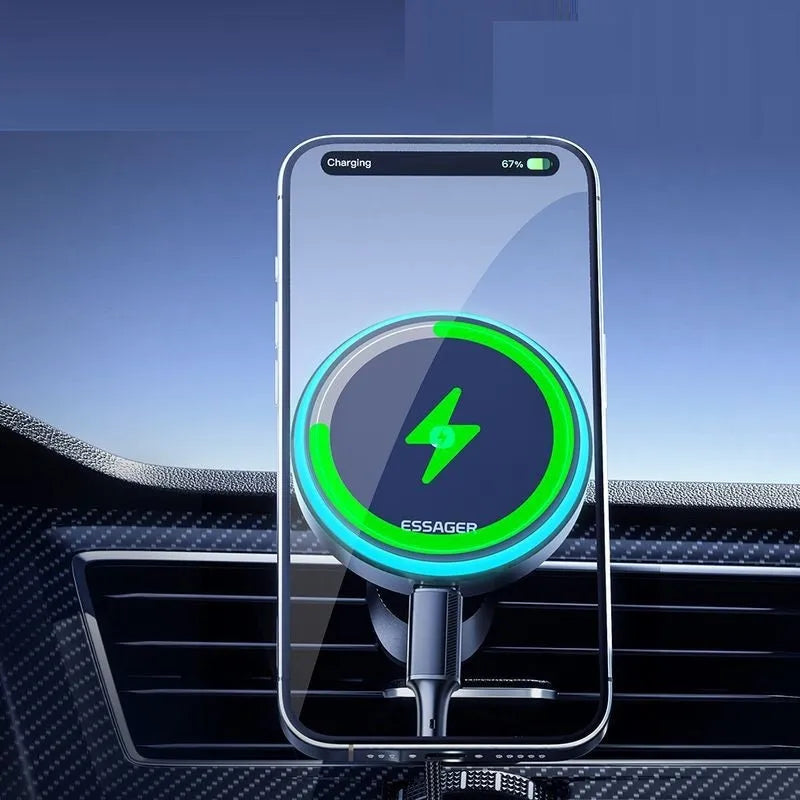 15W magnetic suction wireless car charger bracket with black finish for air vent mounting