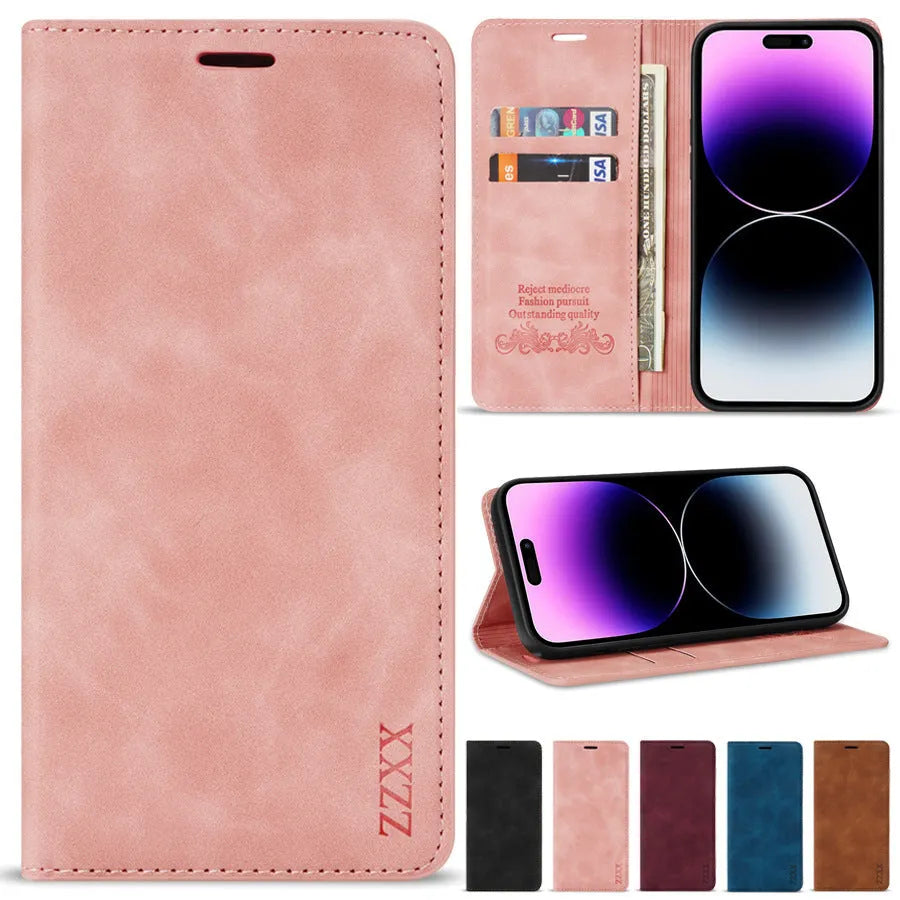 Black leather wallet card-inserting protective case for iPhone with metal kickstand bracket and magnetic back