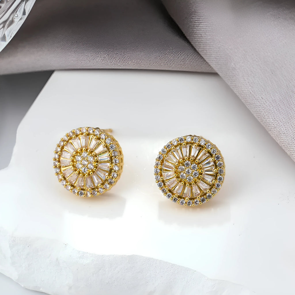 Copper geometric round earrings with electroplated gold finish and circular pattern design