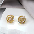 Copper geometric round earrings with electroplated gold finish and circular pattern design