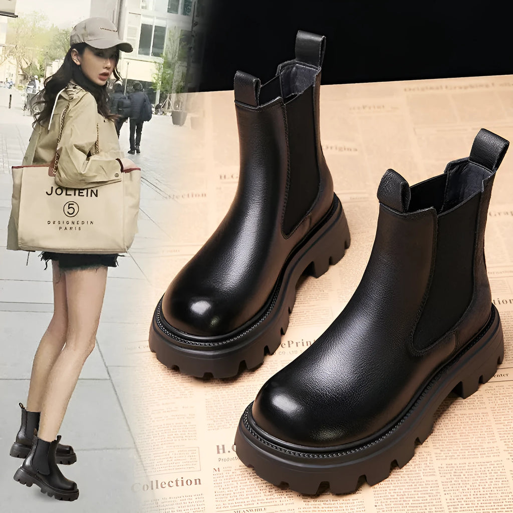 Women's brown brushed cowhide Martin boots with high horseshoe heel, round toe, and thick rubber sole