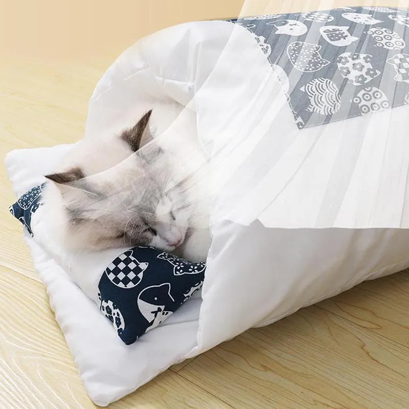 Winter pet bed with removable sleeping bag for cats and dogs in beige