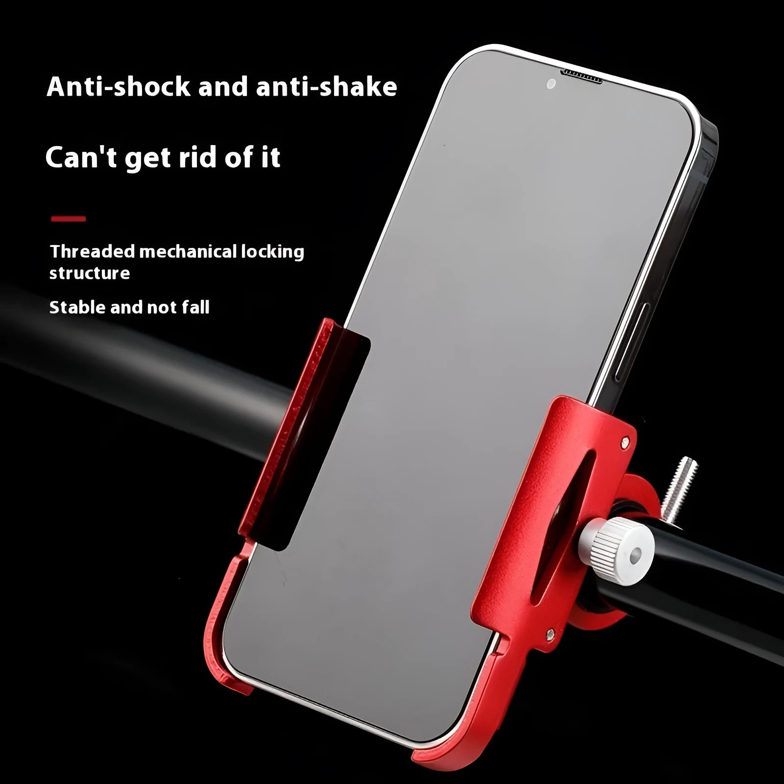 Aluminium alloy mobile phone holder mounted on a bicycle handlebar.