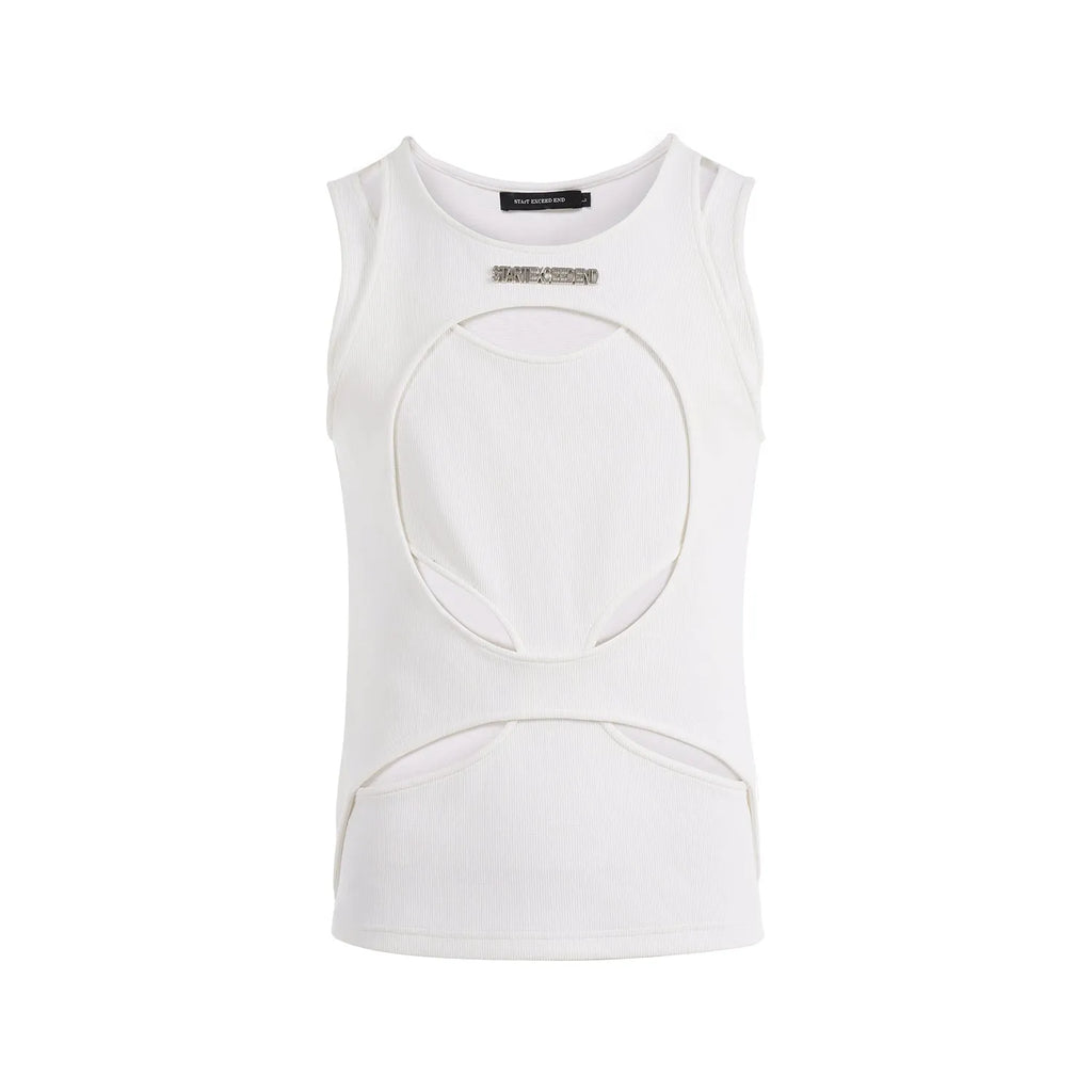 Men's loose sleeveless waistcoat in black, showing round neck and pullover design.