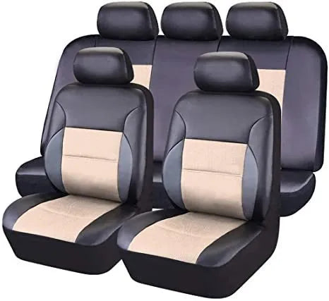 Set of artificial leather car seat covers in various colours showing headrest and seat pieces with hooks.