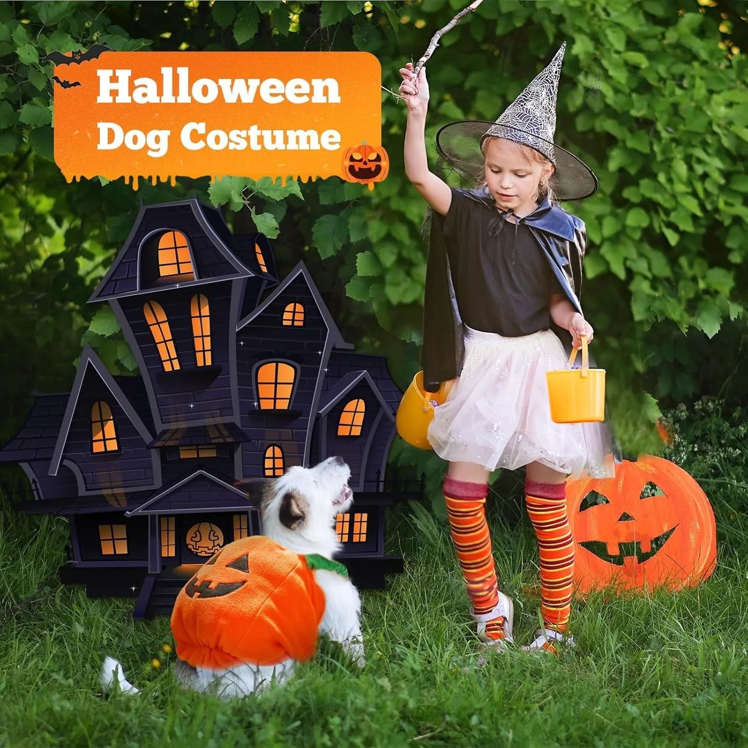 Orange plush pumpkin Halloween costume worn by a small dog, showing pullover design and textured fabric.