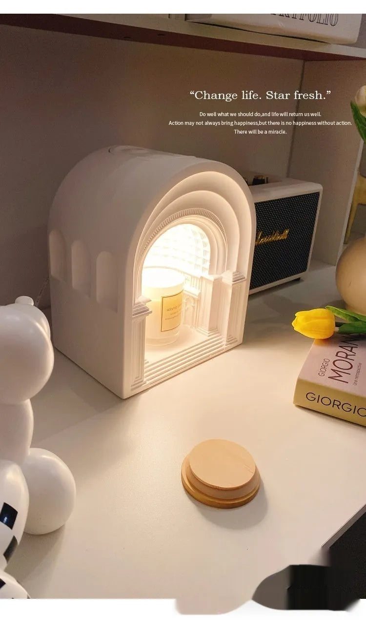 White Nordic style bedside lamp with pantheon pattern graphic customisation and timing dimming function