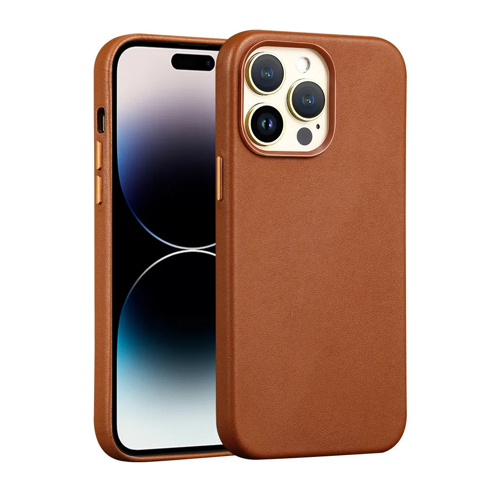 Berry Purple genuine leather magnetic phone case for iPhone 14 Pro showing magnetic adsorption feature