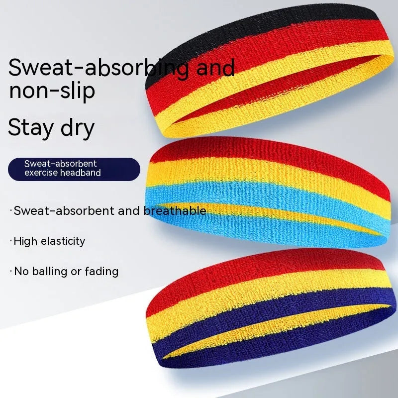 Three-colour elastic sports headband for adult athletic activities measuring 5.5cm by 20cm