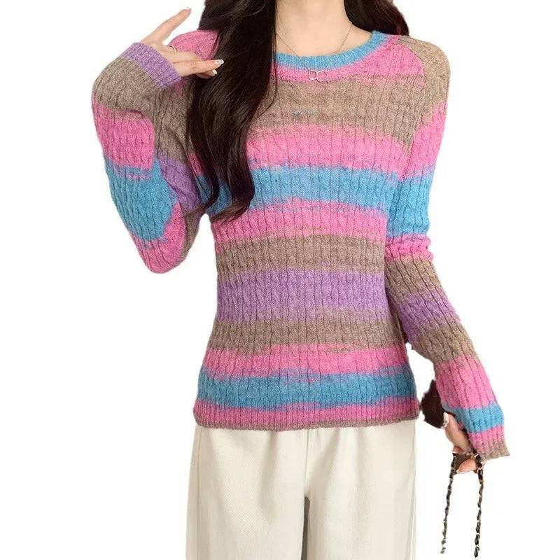 Striped round neck pullover sweater for women, slim fit, long sleeves, pink colour, embossed knit fabric