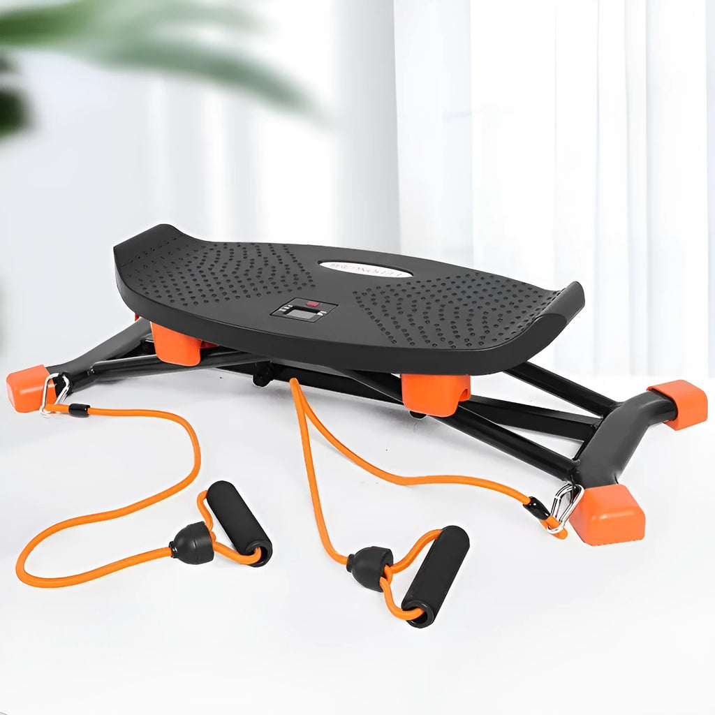 Black mini fitness skiing machine folded to 77x32x17cm with elastic hand straps