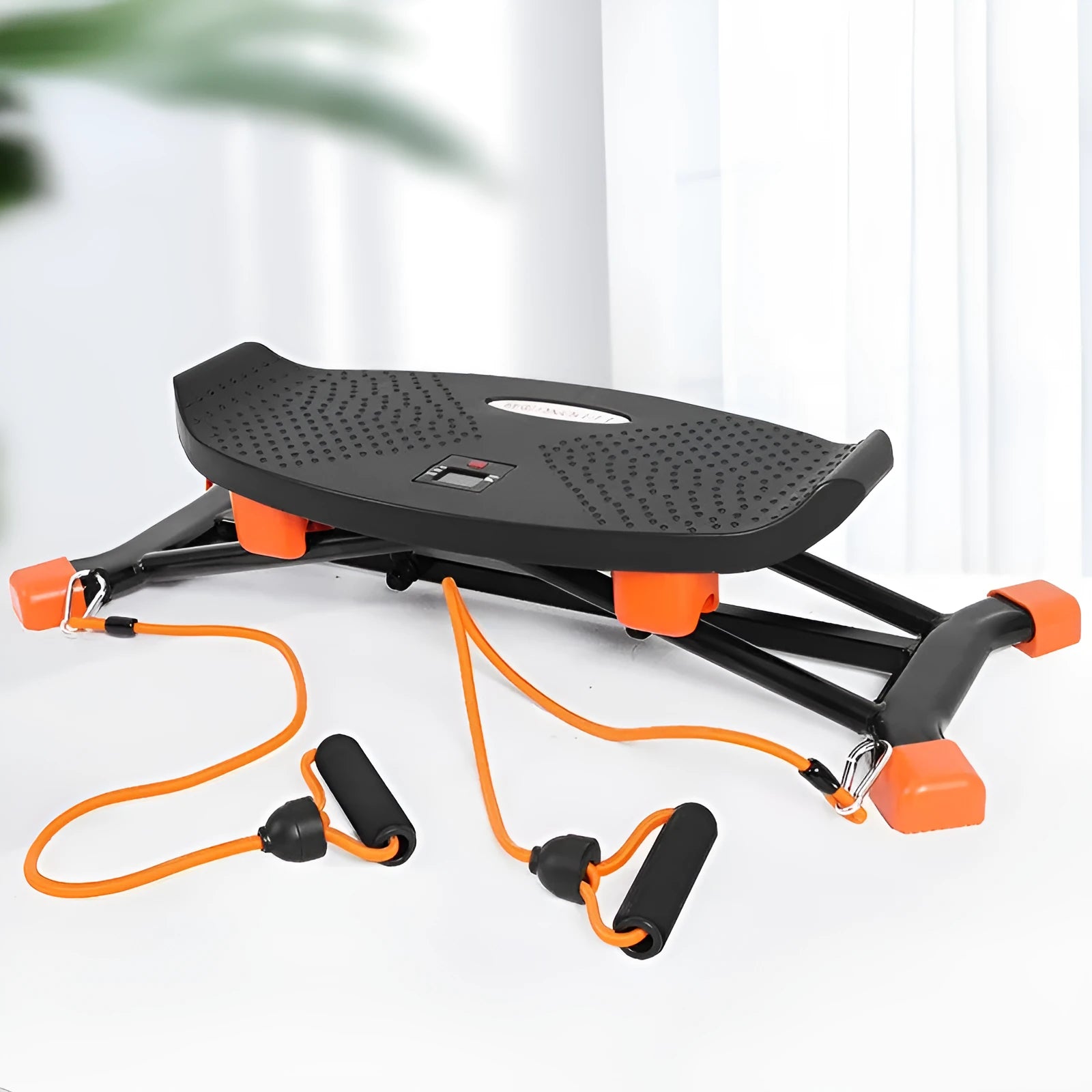 Black mini fitness skiing machine folded to 77x32x17cm with elastic hand straps