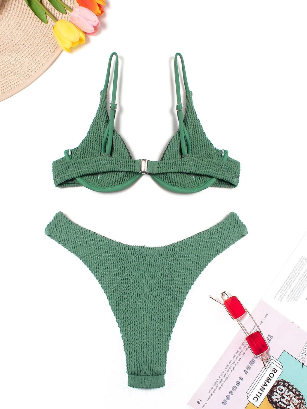 Green women's bikini suit with ruffle detail and briefs bottom